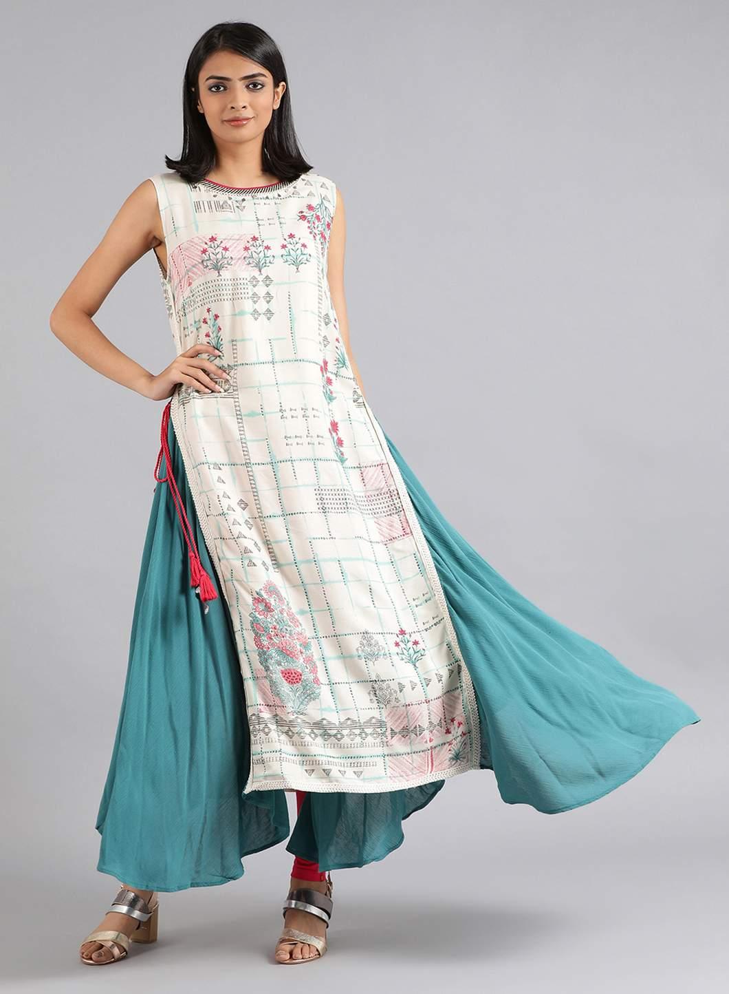 White Round Neck Printed kurta - wforwoman