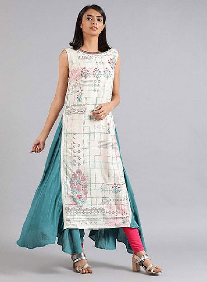 White Round Neck Printed kurta - wforwoman