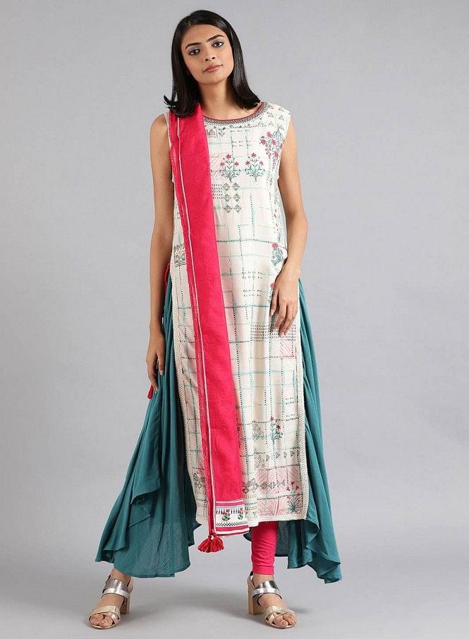 White Round Neck Printed kurta - wforwoman