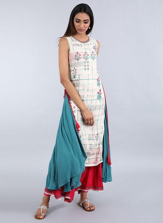 White Round Neck Printed kurta - wforwoman