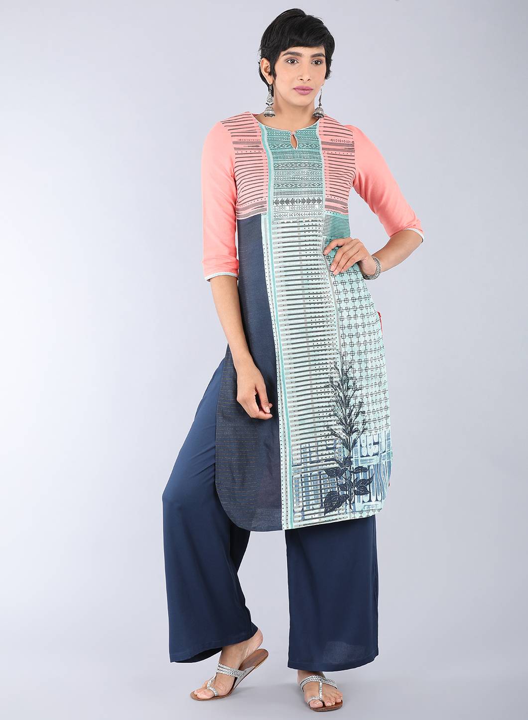 Pink Round Neck Printed kurta