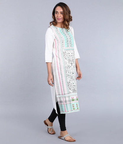 White Round Neck Printed kurta - wforwoman