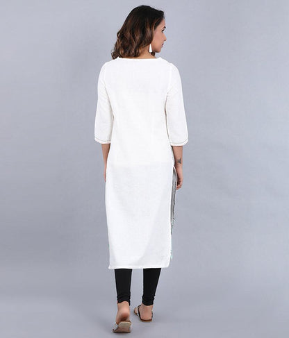 White Round Neck Printed kurta - wforwoman