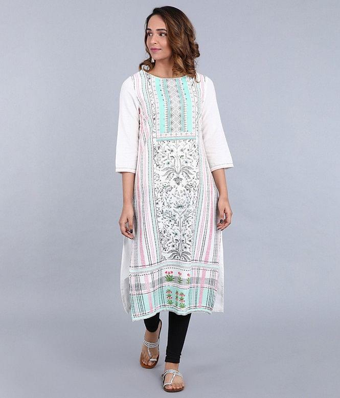 White Round Neck Printed kurta - wforwoman