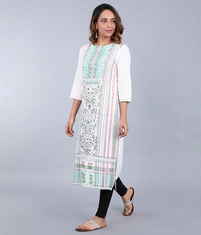 White Round Neck Printed kurta - wforwoman