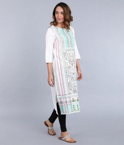 White Round Neck Printed kurta - wforwoman