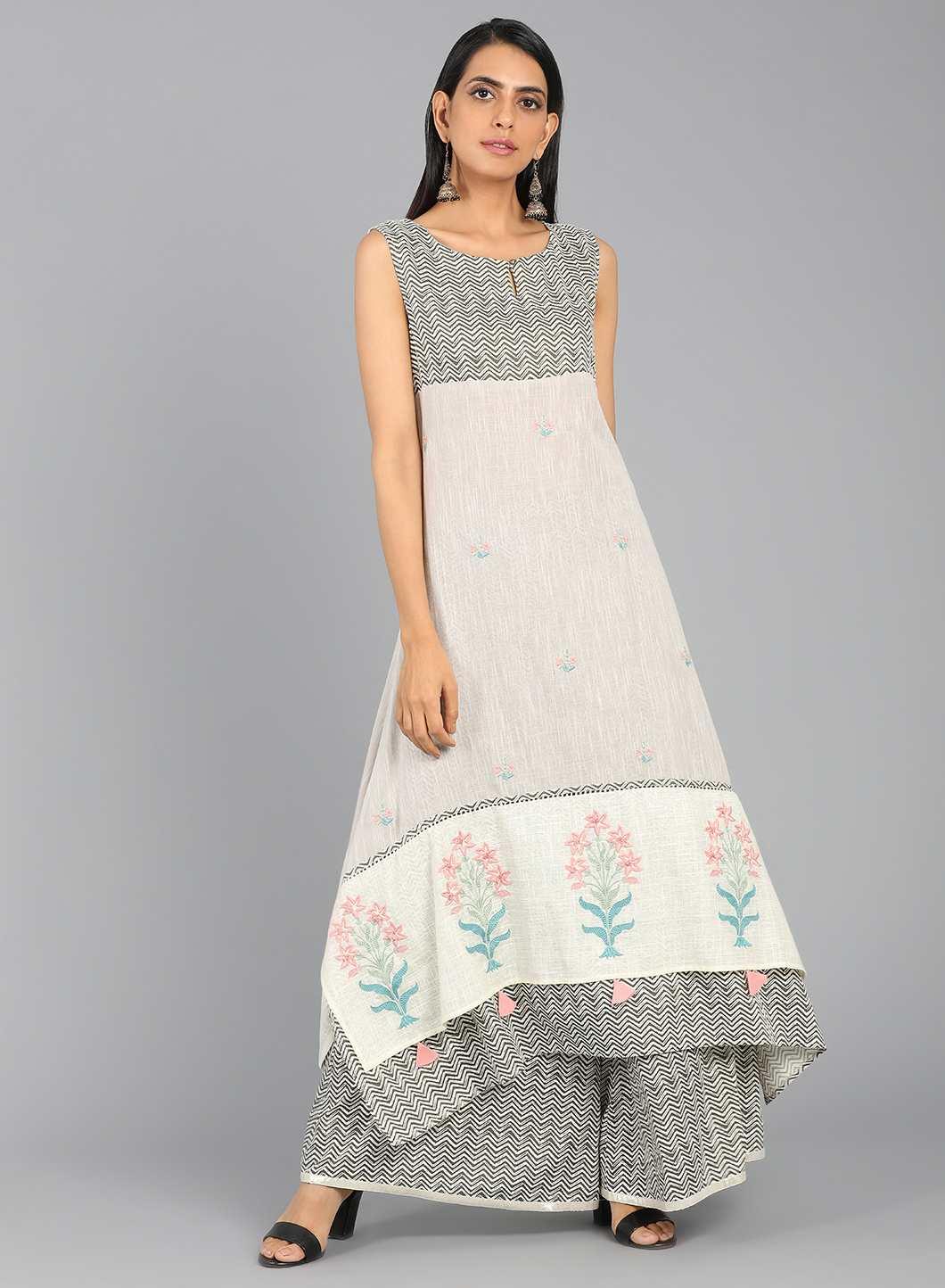 Grey Round Neck Printed kurta - wforwoman