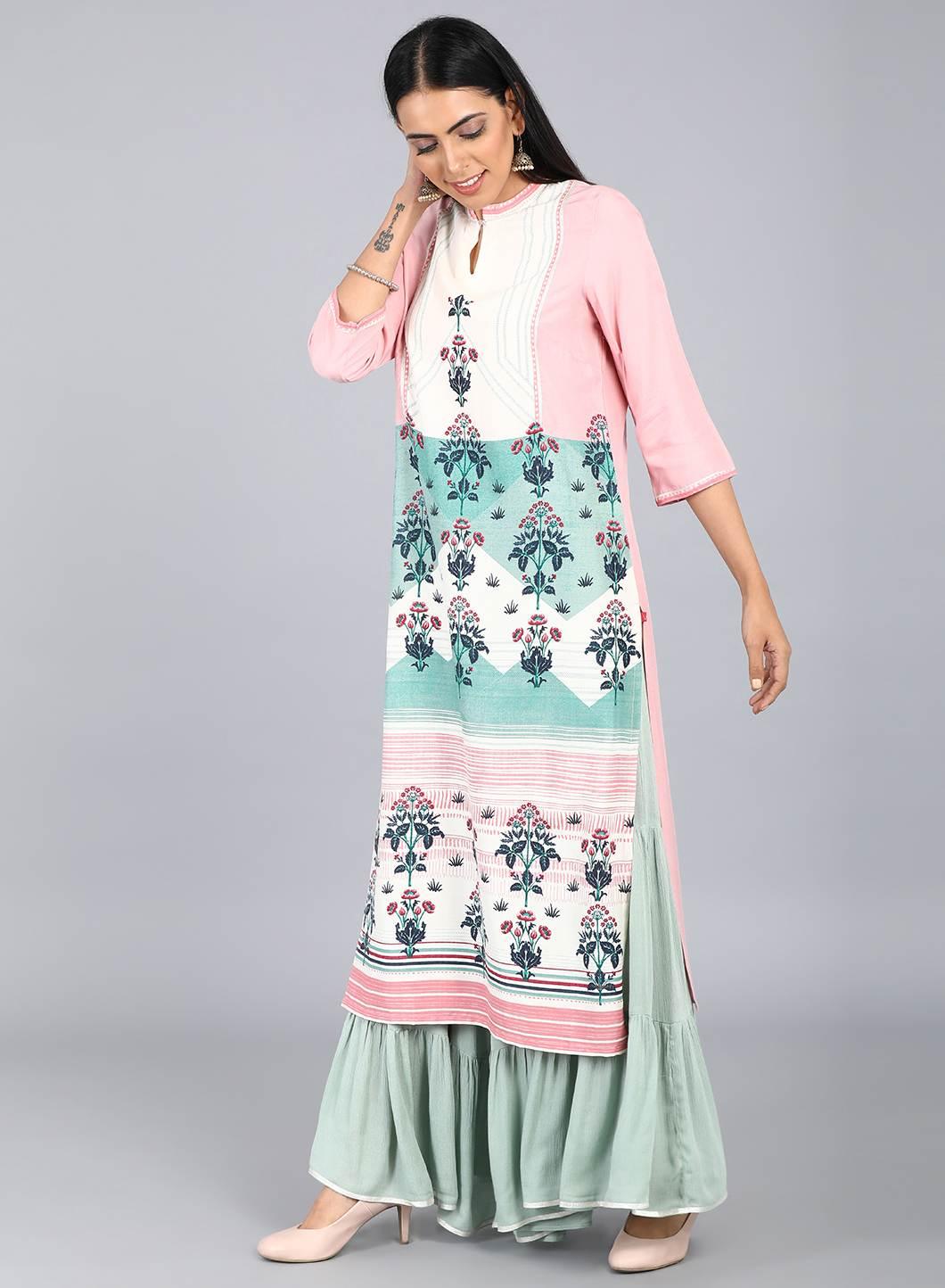 White Mandarin Neck Floral Print kurta - wforwoman