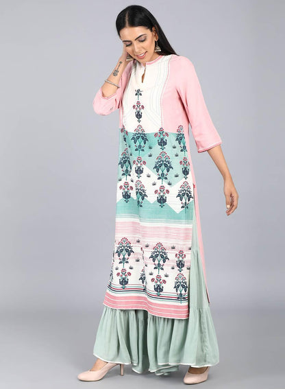 White Mandarin Neck Floral Print kurta - wforwoman