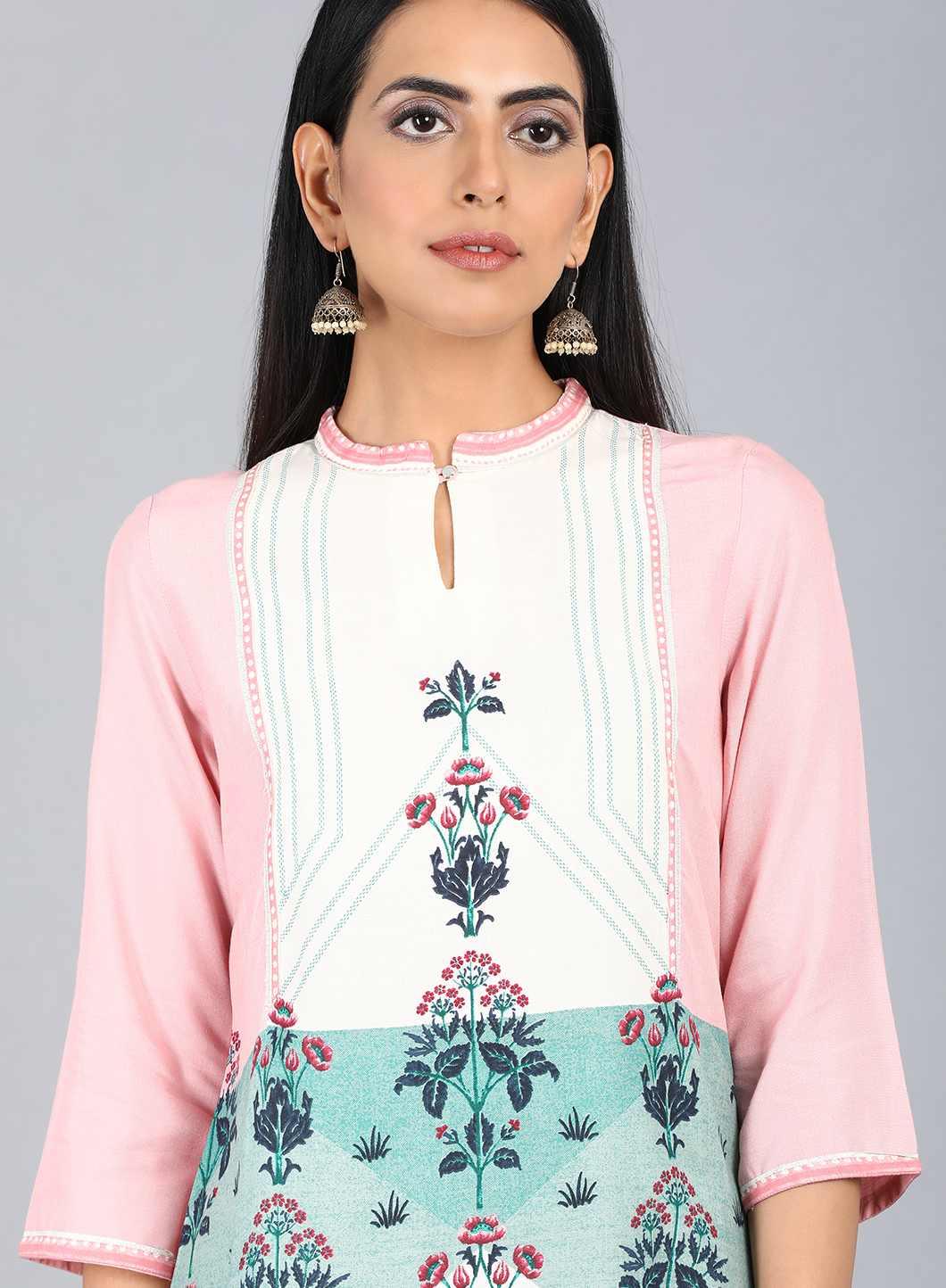 White Mandarin Neck Floral Print kurta - wforwoman