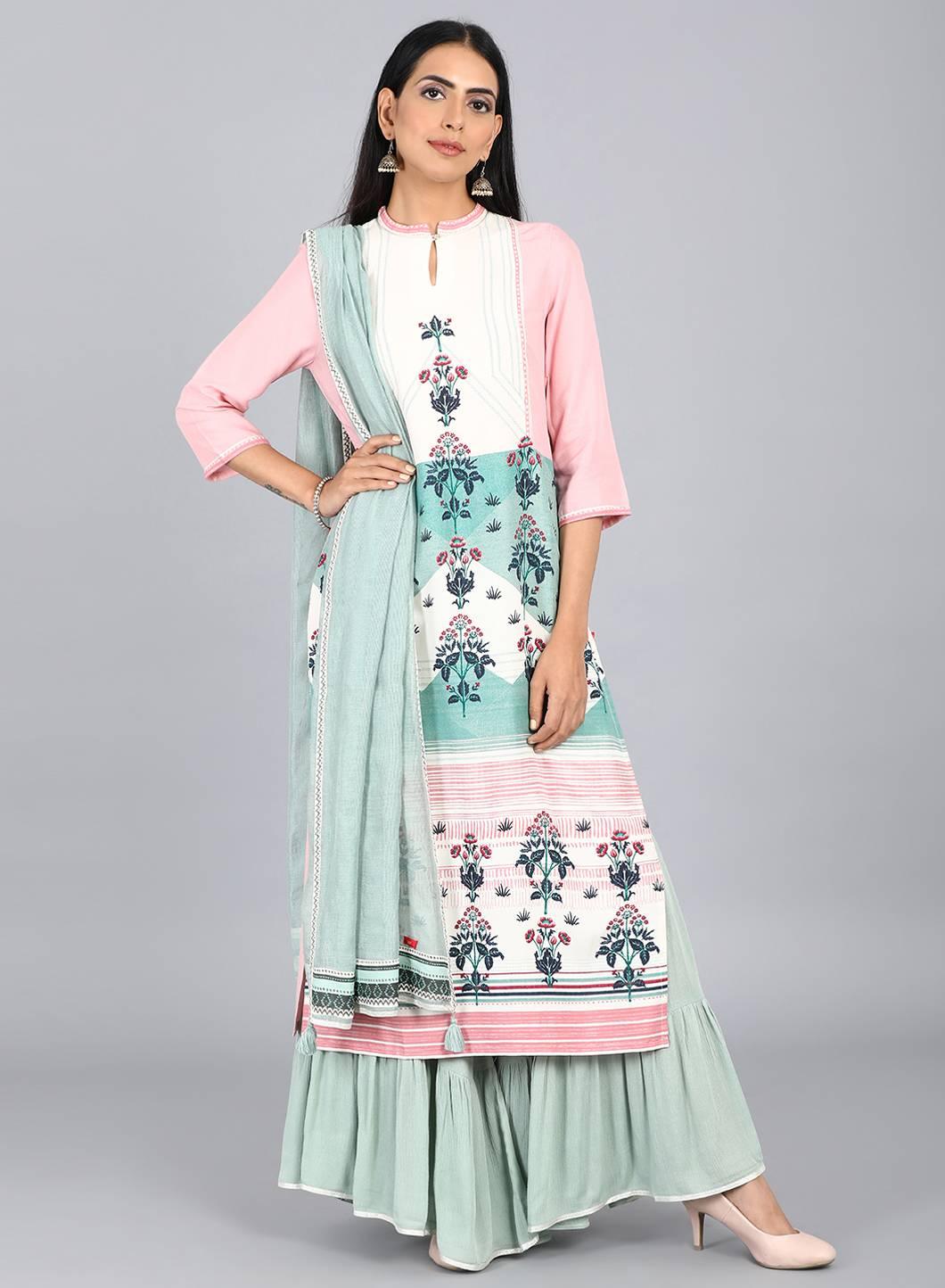 White Mandarin Neck Floral Print kurta - wforwoman