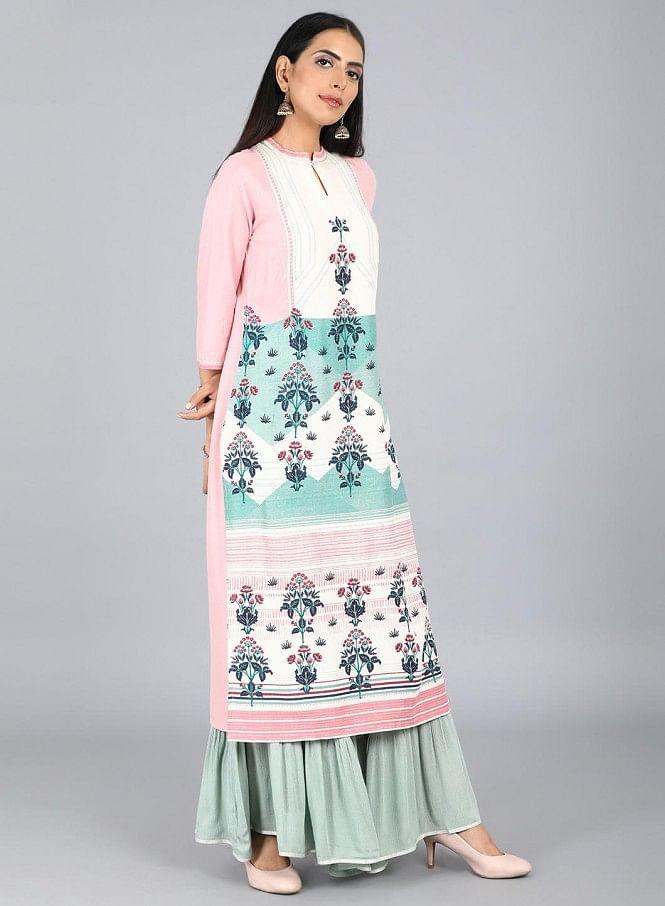 White Mandarin Neck Floral Print kurta - wforwoman