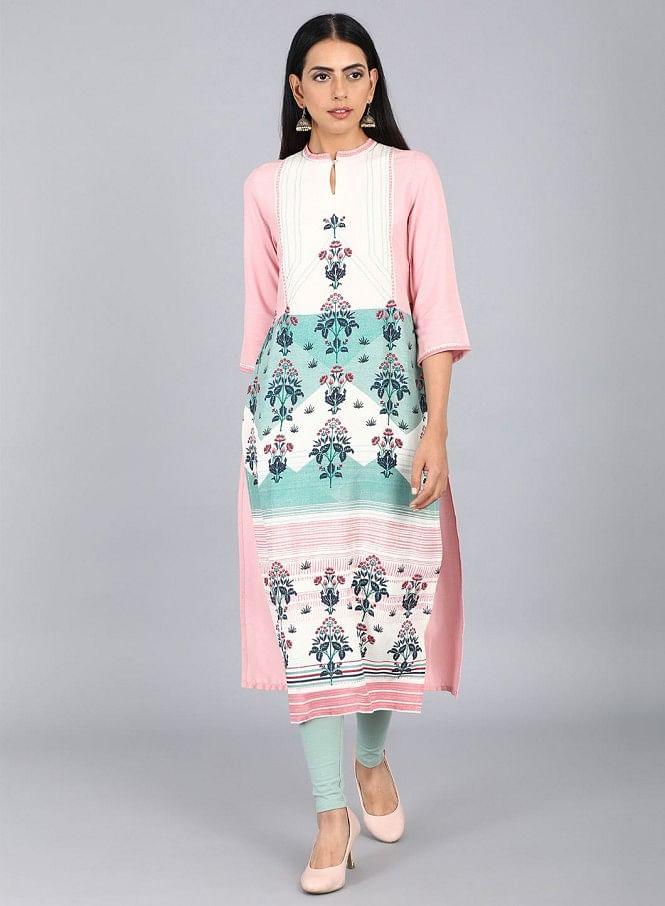 White Mandarin Neck Floral Print kurta - wforwoman