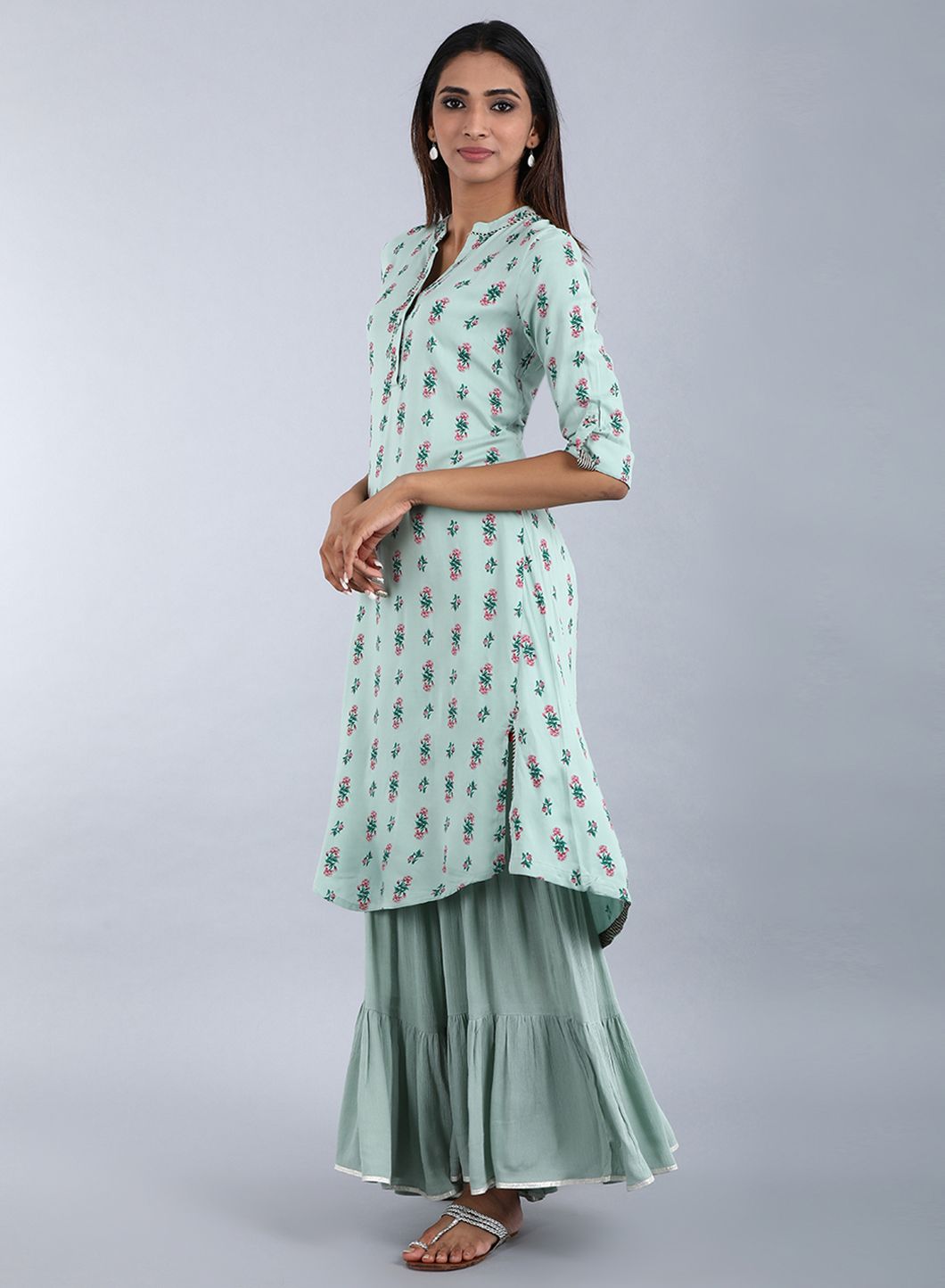 Green Mandarin Neck Floral Print kurta