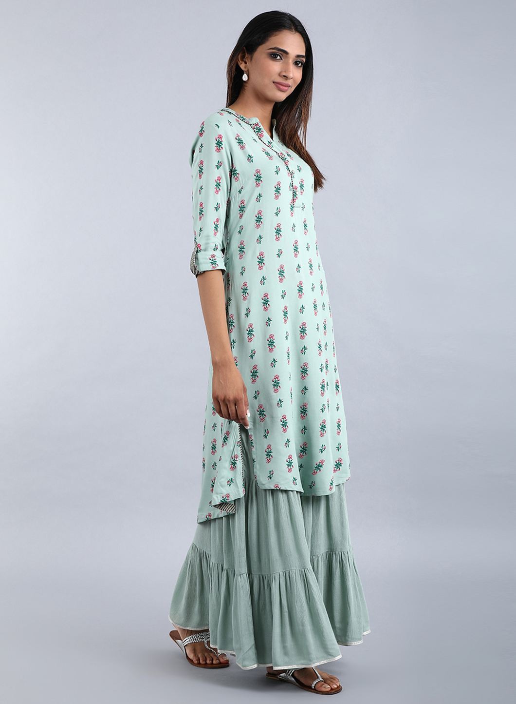 Green Mandarin Neck Floral Print kurta