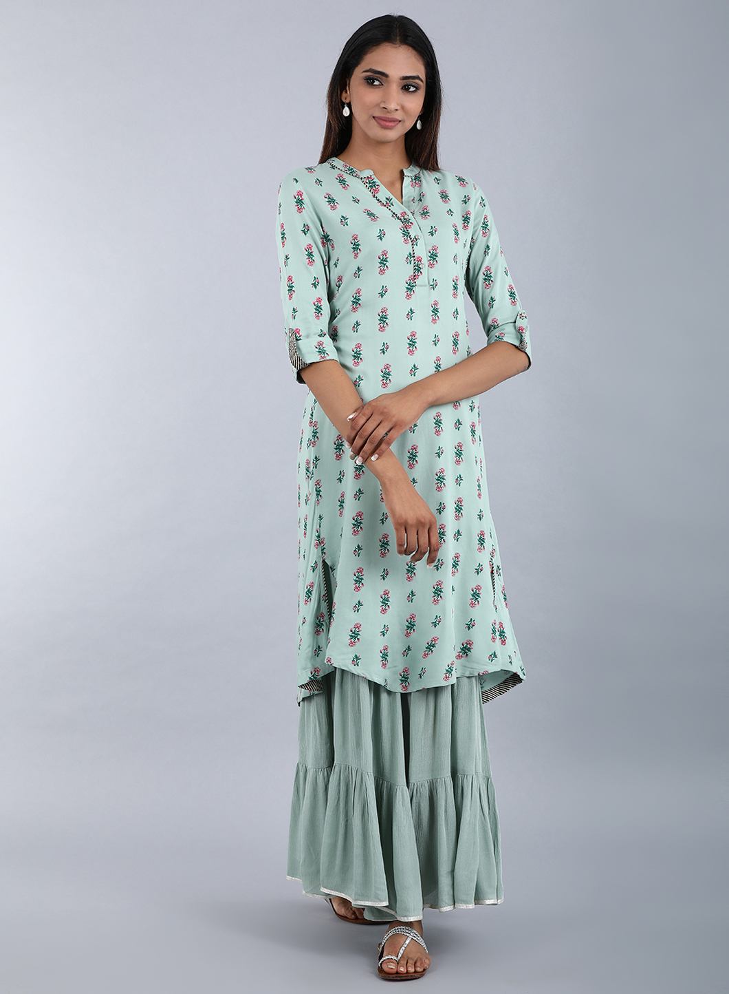 Green Mandarin Neck Floral Print kurta