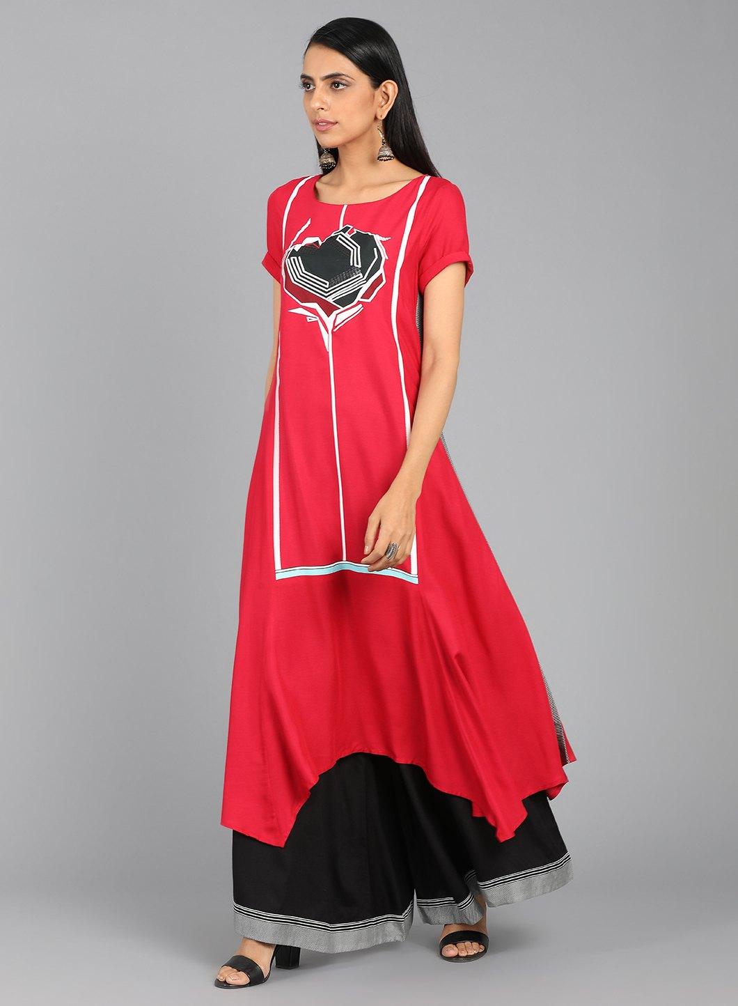 Red Round Neck Asymmetrical Hem kurta - wforwoman