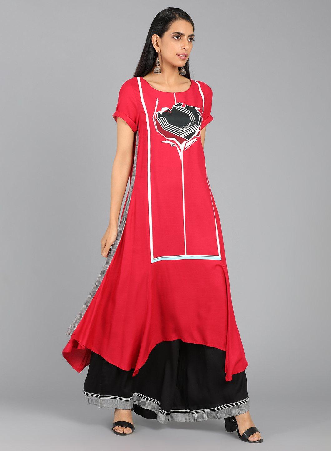 Red Round Neck Asymmetrical Hem kurta - wforwoman