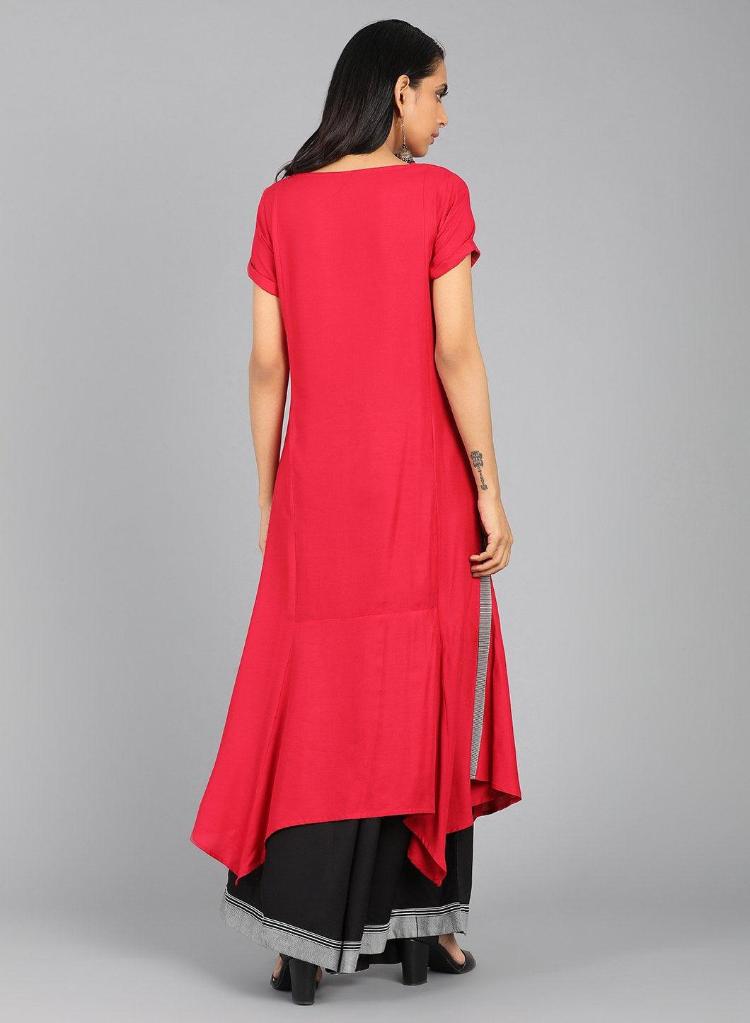 Red Round Neck Asymmetrical Hem kurta - wforwoman