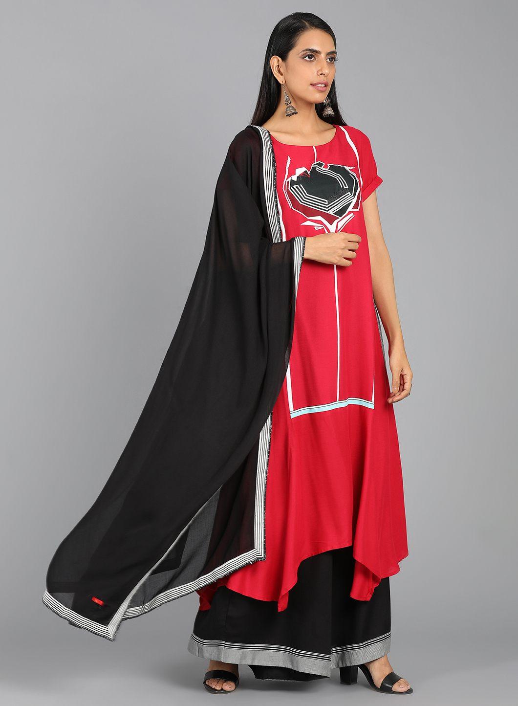 Red Round Neck Asymmetrical Hem kurta - wforwoman