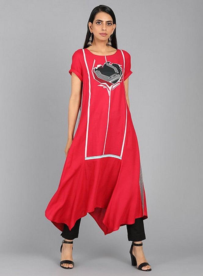 Red Round Neck Asymmetrical Hem kurta - wforwoman