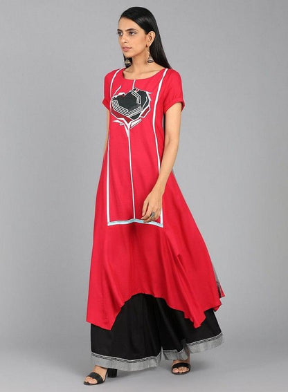 Red Round Neck Asymmetrical Hem kurta - wforwoman