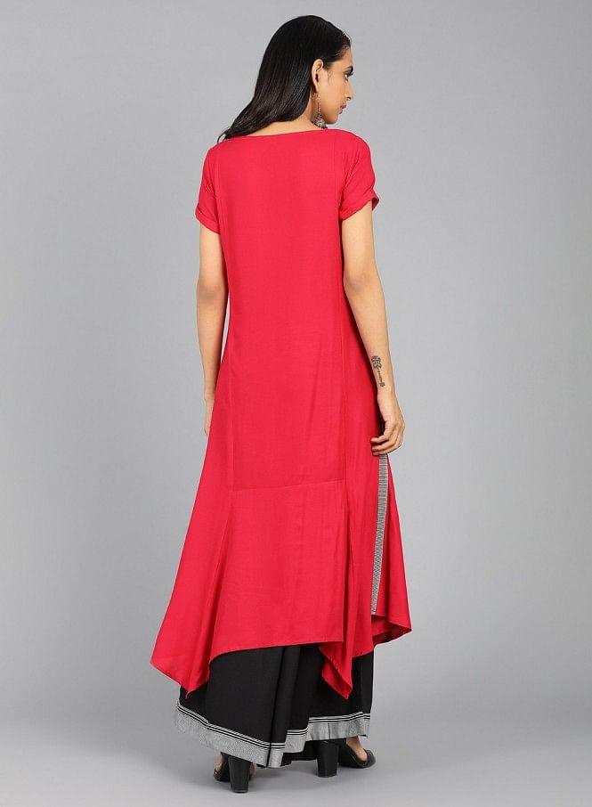 Red Round Neck Asymmetrical Hem kurta - wforwoman