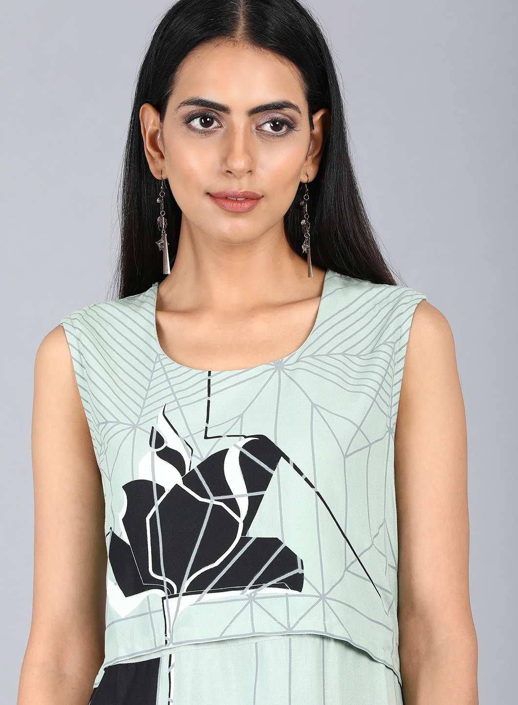 Green Round Neck Printed kurta - wforwoman