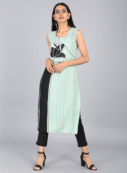 Green Round Neck Printed kurta - wforwoman