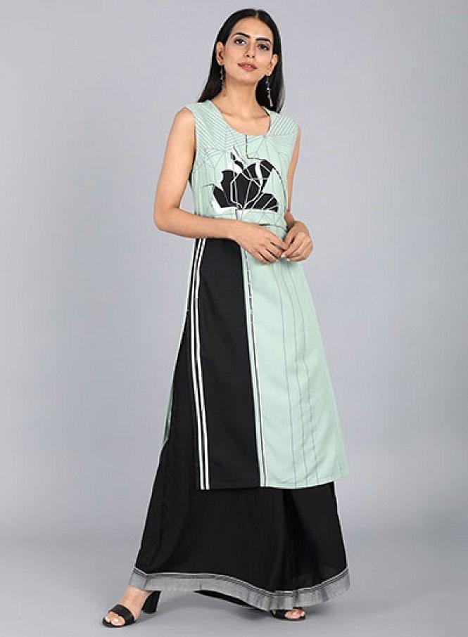 Green Round Neck Printed kurta - wforwoman