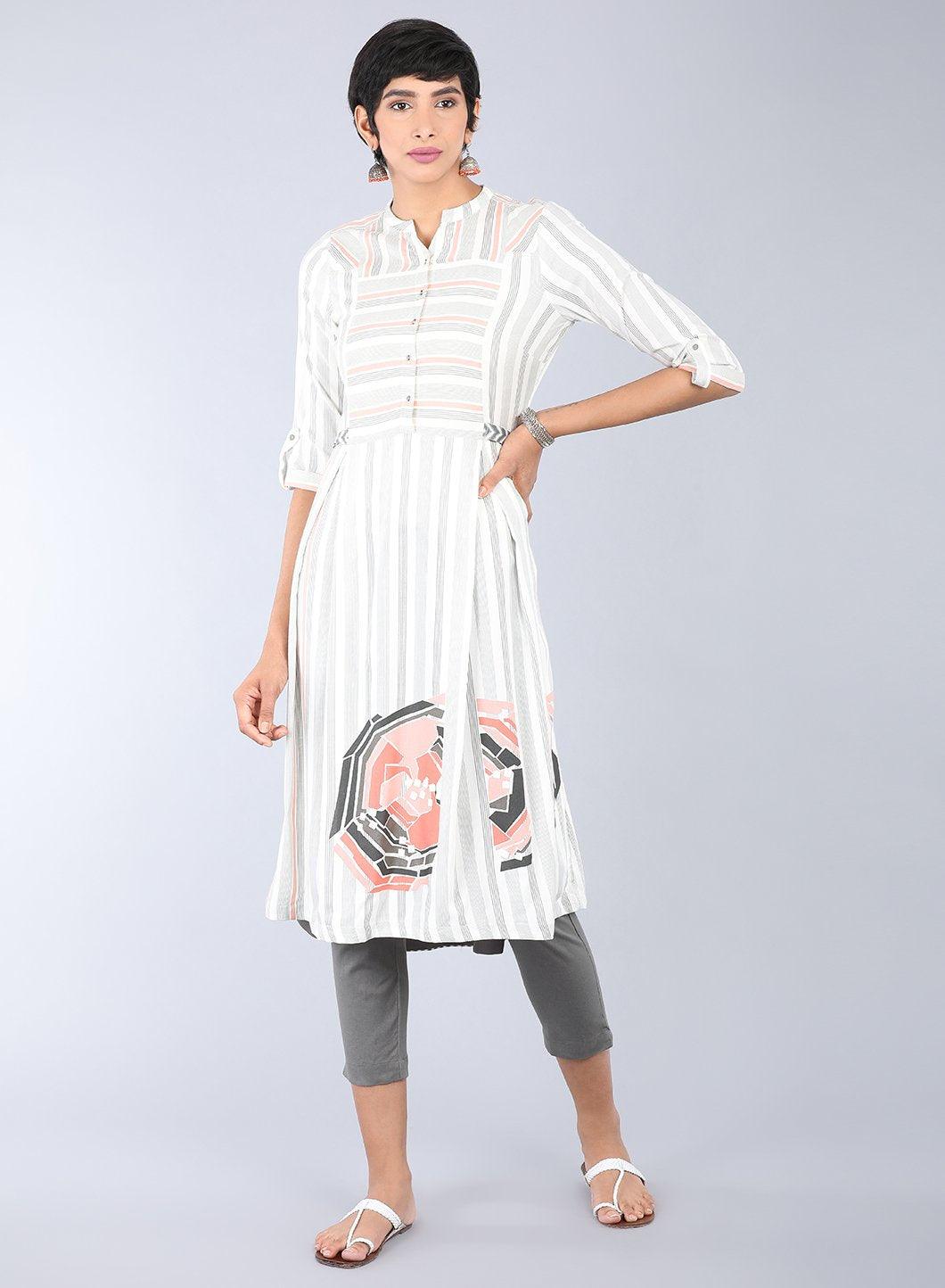 White Mandarin Neck Striped kurta - wforwoman