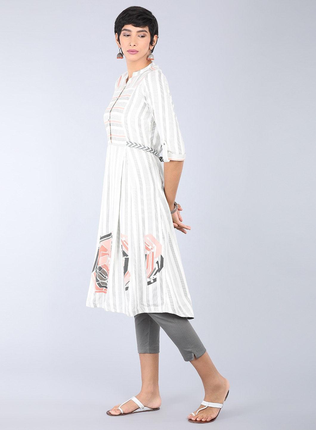 White Mandarin Neck Striped kurta - wforwoman