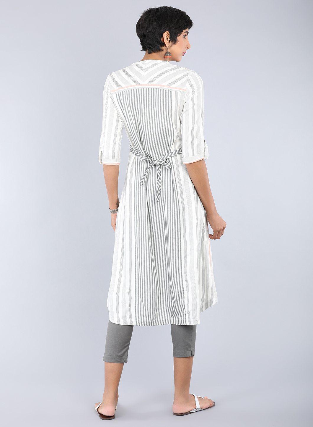 White Mandarin Neck Striped kurta - wforwoman