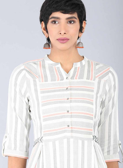 White Mandarin Neck Striped kurta - wforwoman