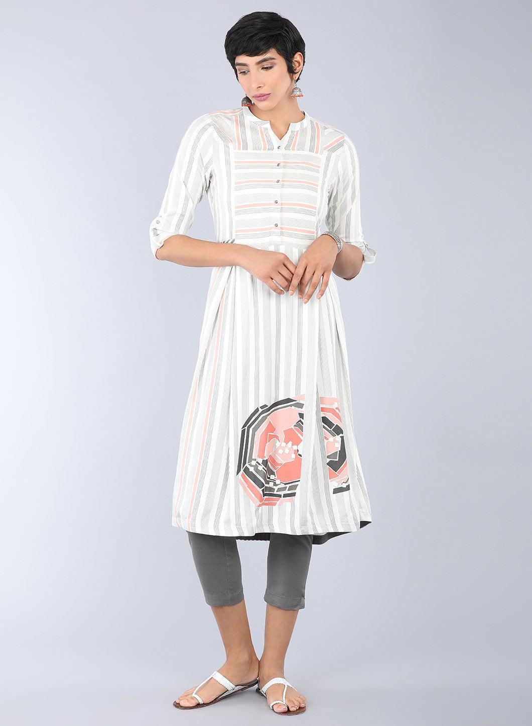 White Mandarin Neck Striped kurta - wforwoman