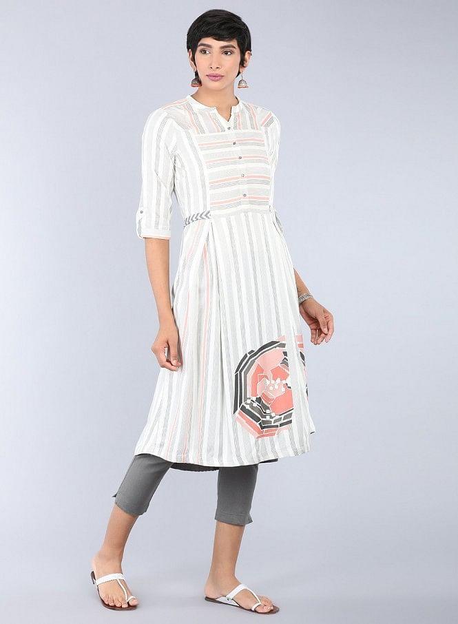 White Mandarin Neck Striped kurta - wforwoman