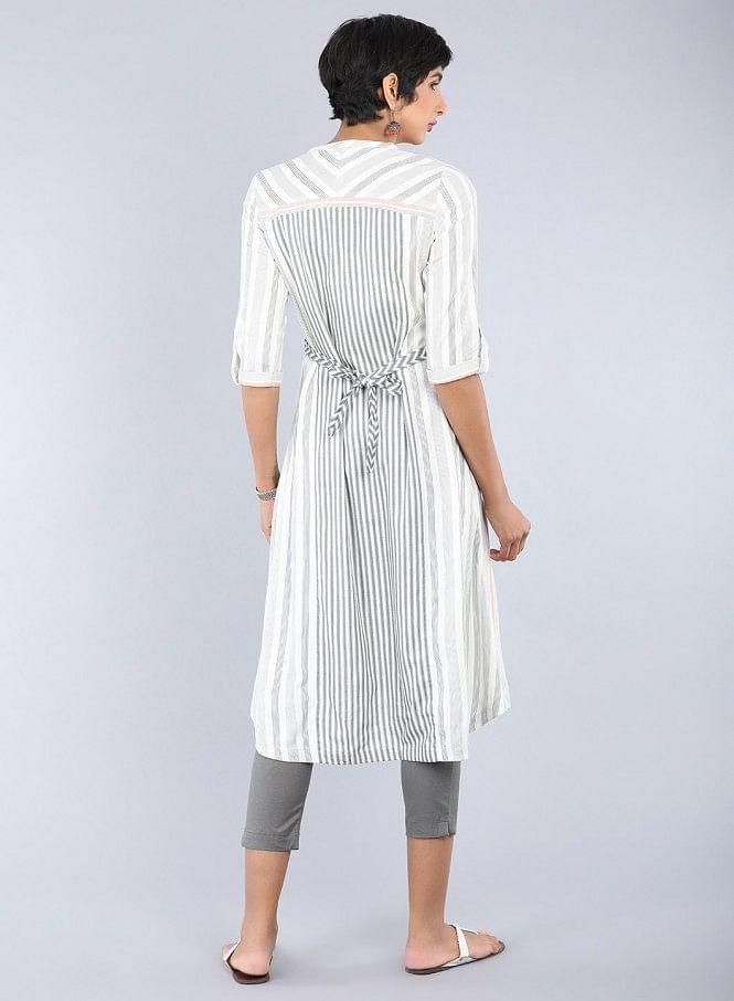 White Mandarin Neck Striped kurta - wforwoman