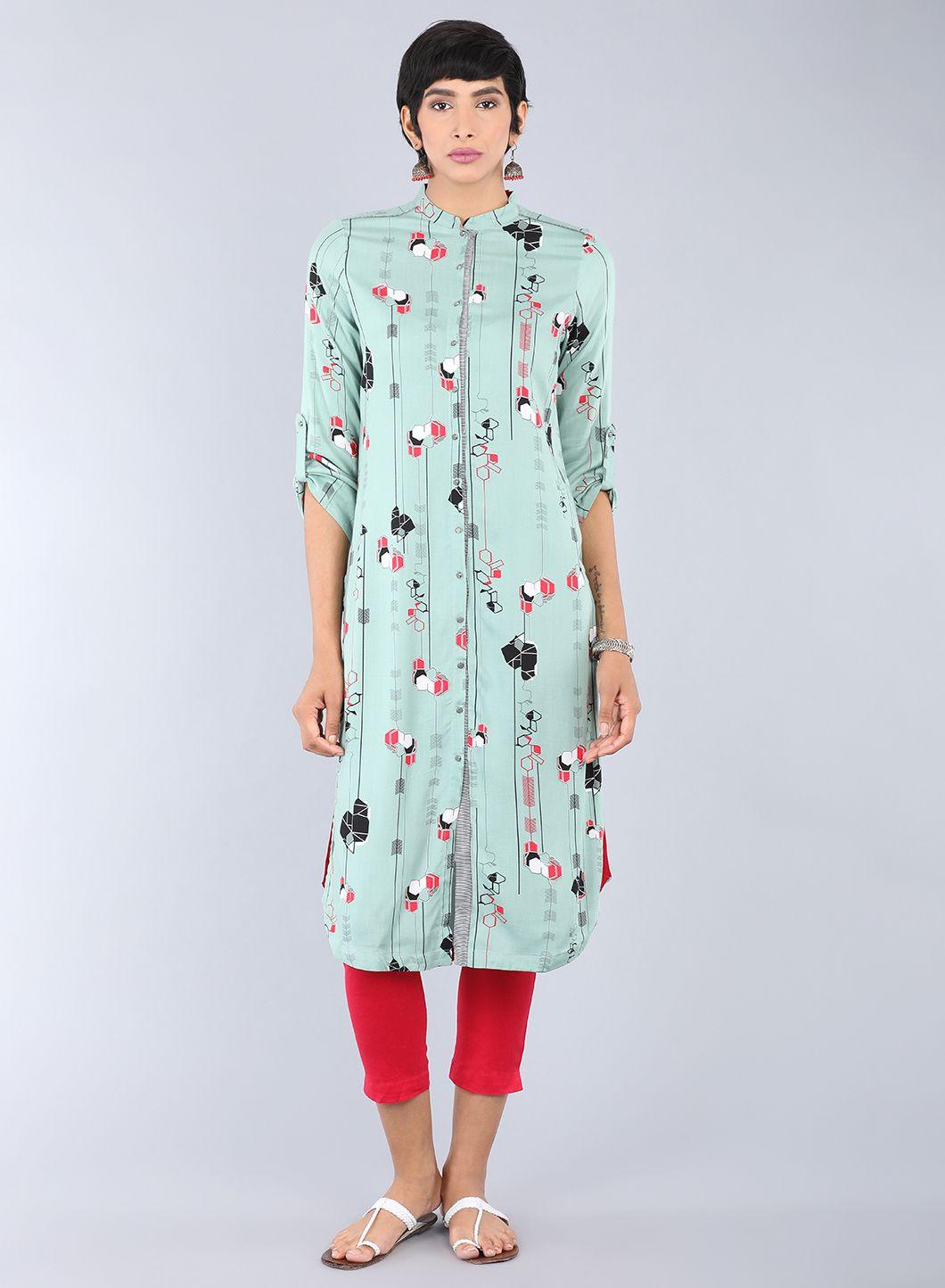 Green Mandarin Neck Printed kurta - wforwoman