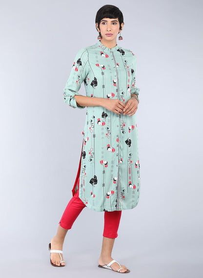 Green Mandarin Neck Printed kurta - wforwoman