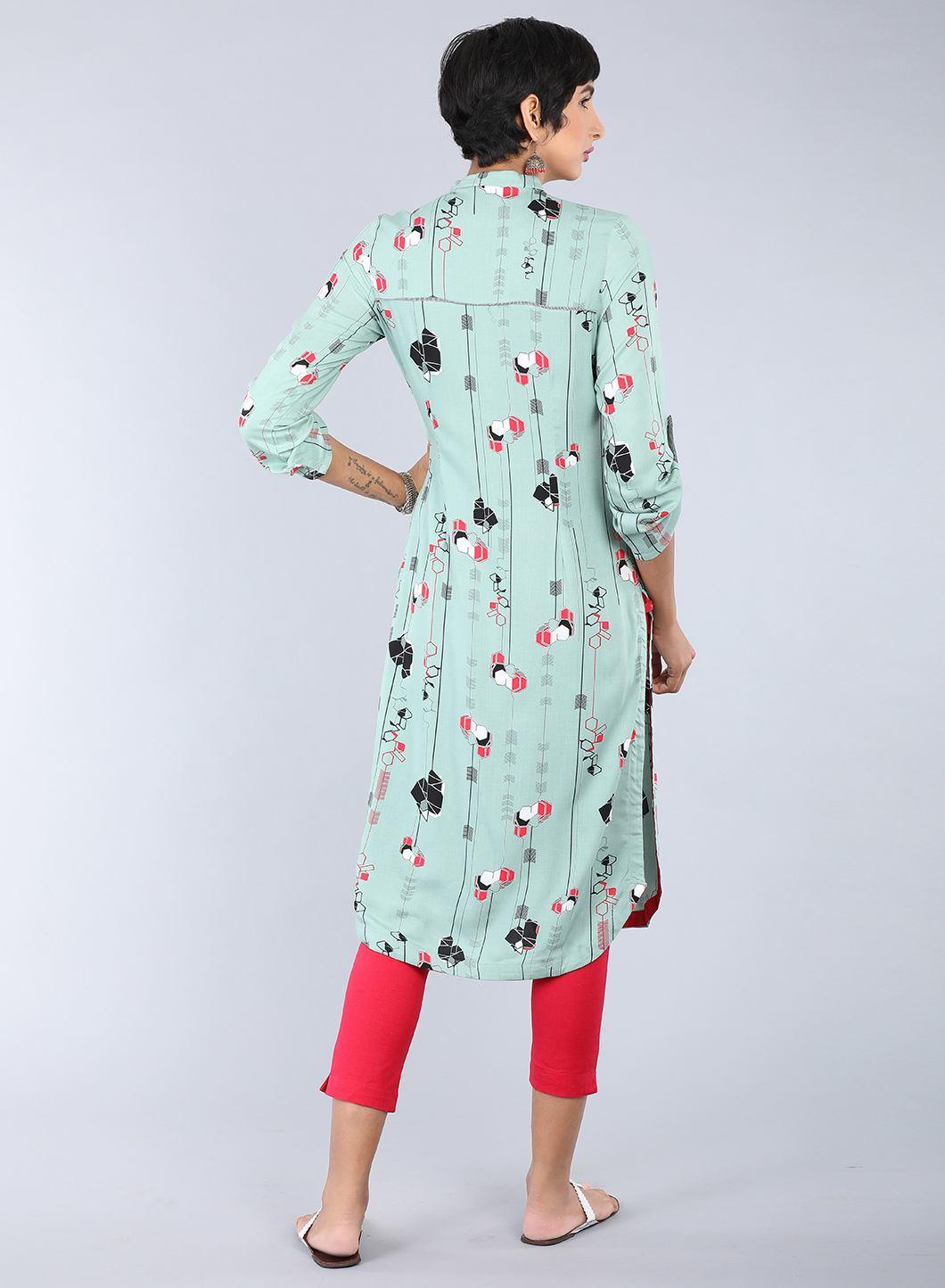 Green Mandarin Neck Printed kurta - wforwoman