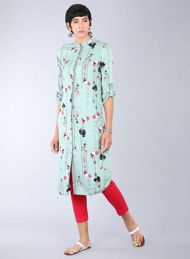 Green Mandarin Neck Printed kurta - wforwoman