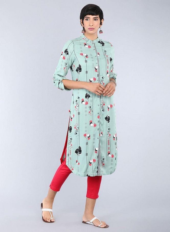 Green Mandarin Neck Printed kurta - wforwoman