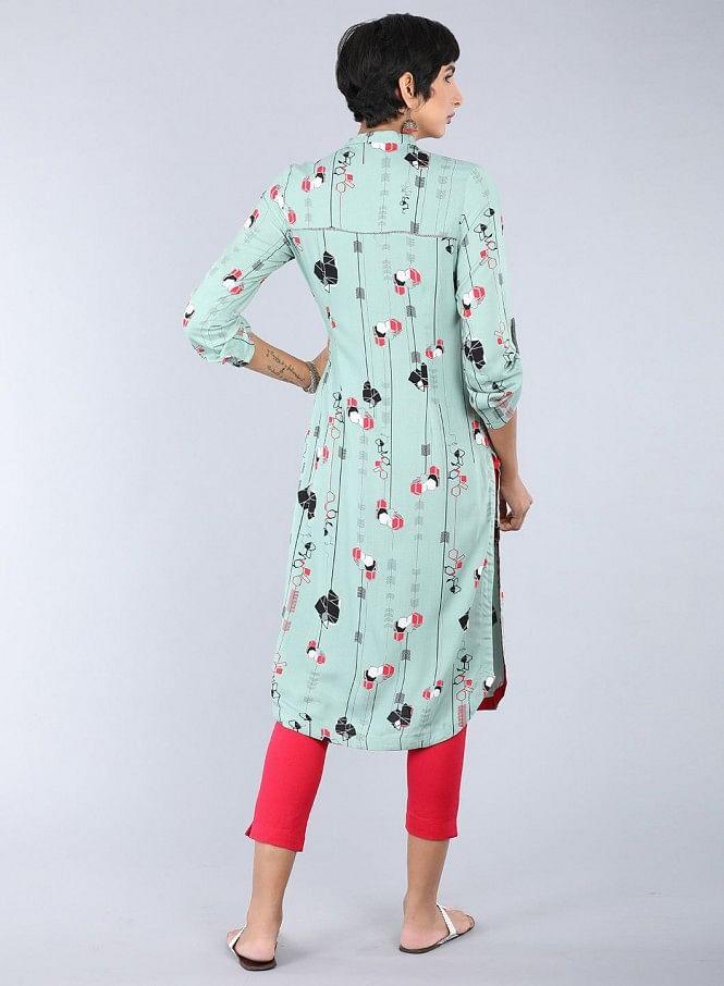 Green Mandarin Neck Printed kurta - wforwoman