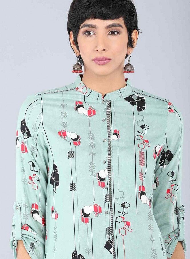 Green Mandarin Neck Printed kurta - wforwoman