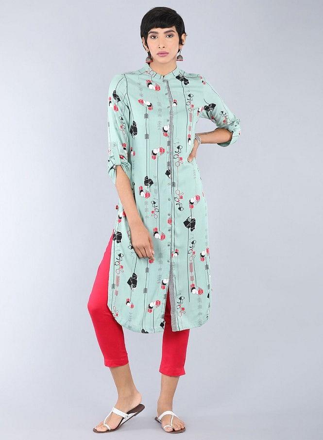 Green Mandarin Neck Printed kurta - wforwoman