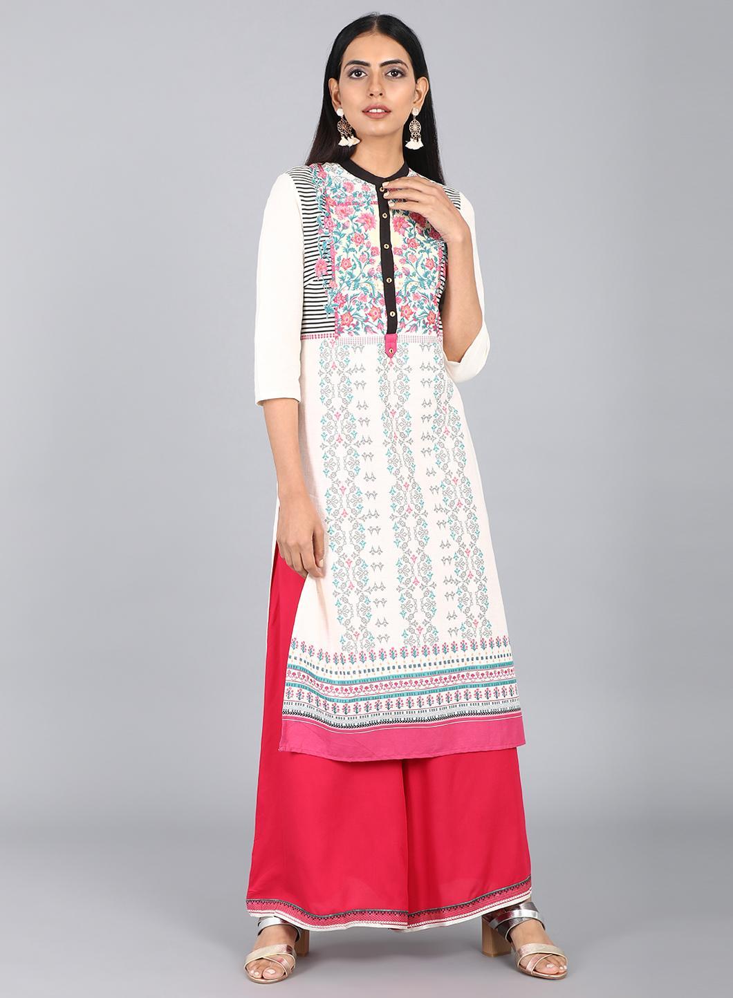 White &amp; Pink Floral Print kurta - wforwoman