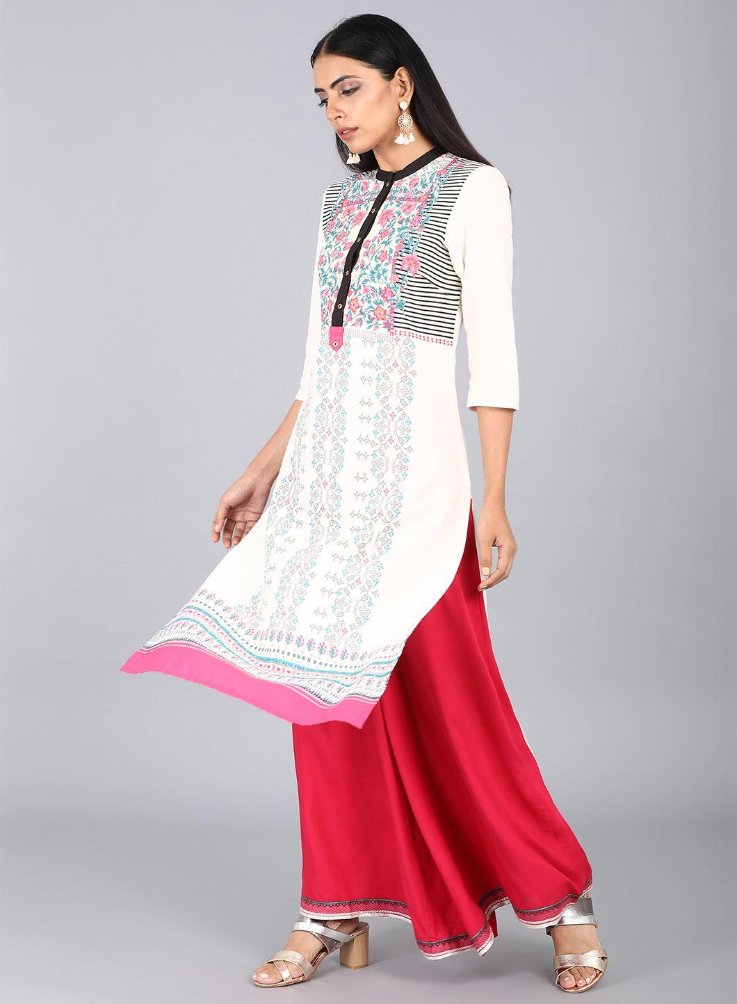 White &amp; Pink Floral Print kurta - wforwoman