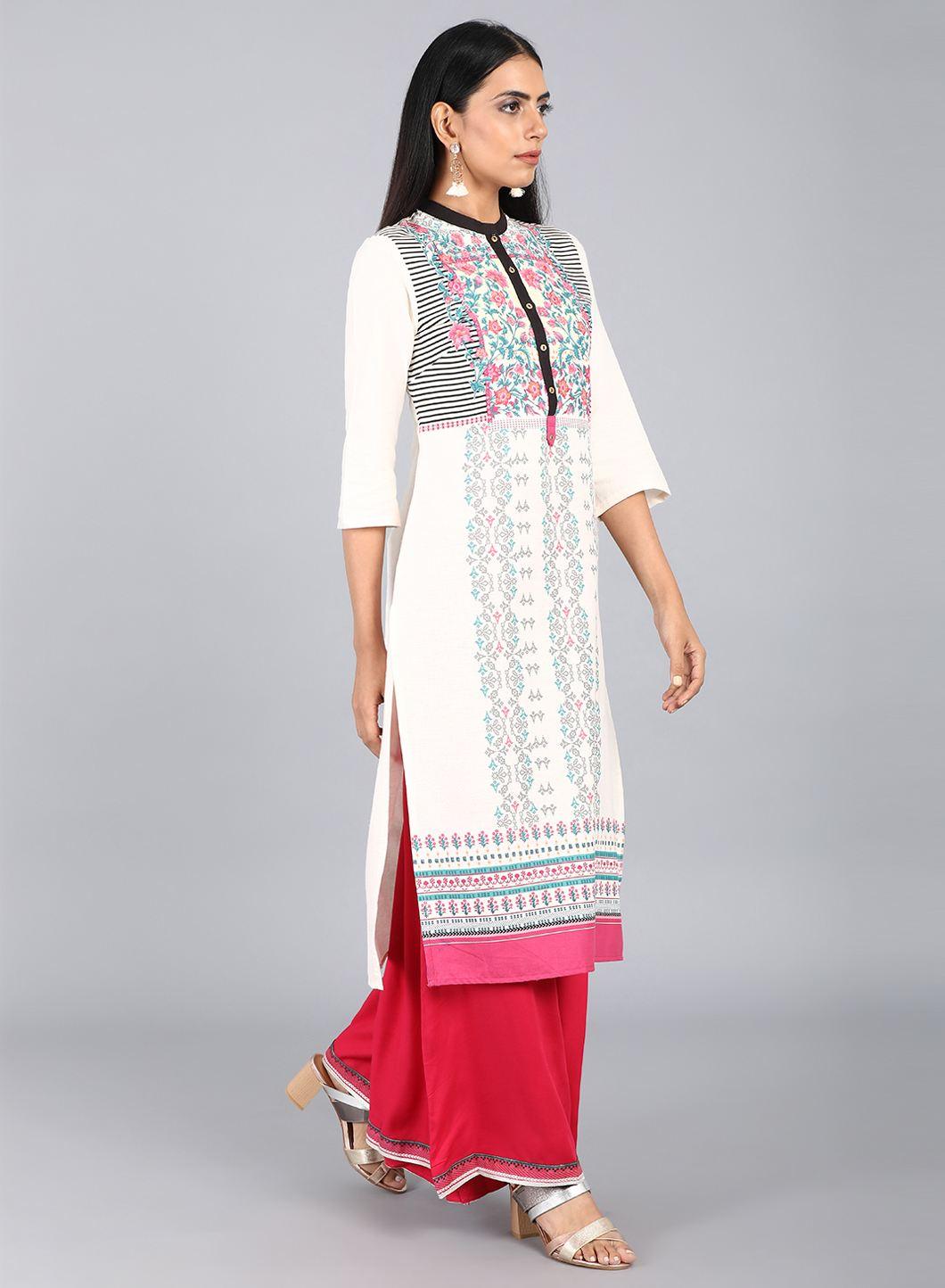 White &amp; Pink Floral Print kurta - wforwoman