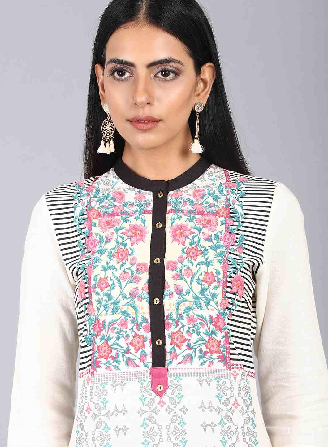 White &amp; Pink Floral Print kurta - wforwoman