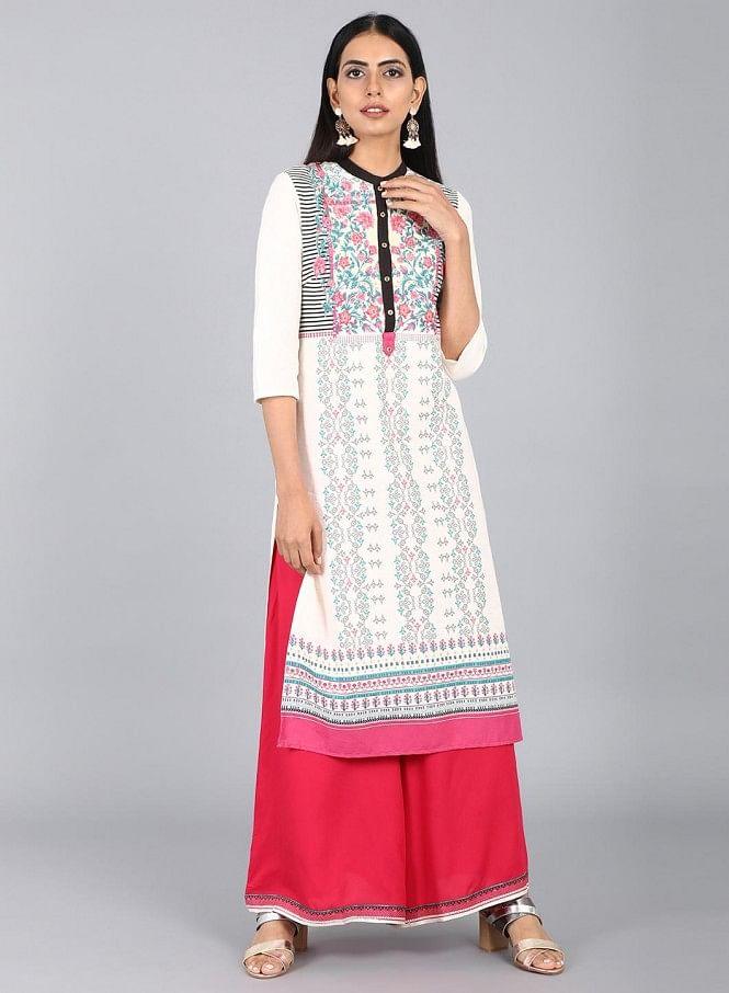 White &amp; Pink Floral Print kurta - wforwoman